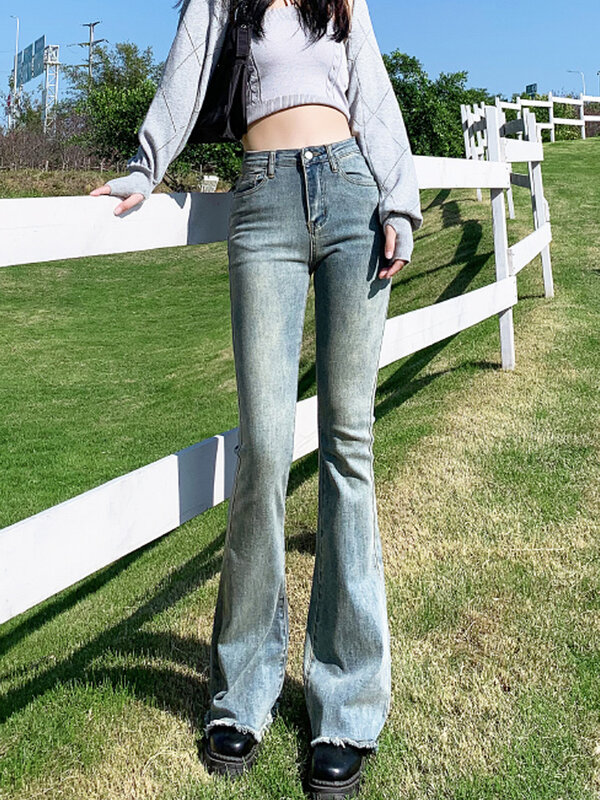 Jeans Panjang Biru Antik untuk Wanita Celana Jeans Lebar Mikro Ramping Pinggang Tinggi Cantik Musim Semi Musim Panas Celana Denim Ramping Kasual Wanita