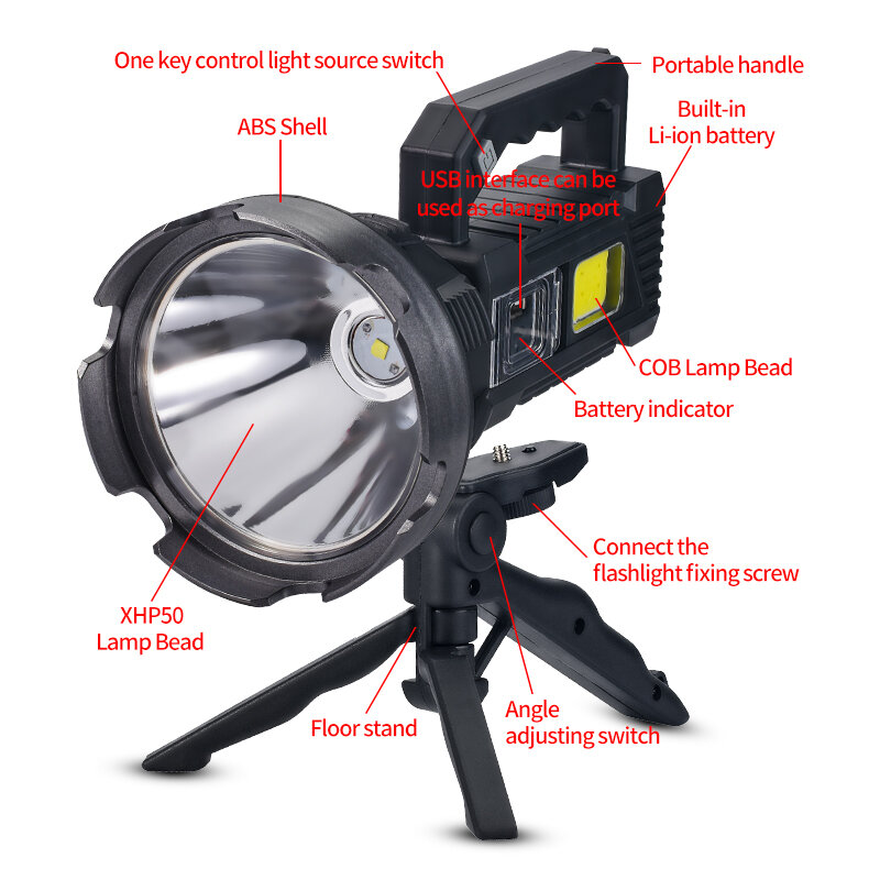 Super Bright LED Portable Flashlight sSearchlight P50 Lamp Bead With Mountable Bracket Suitable for Expeditions Fishing