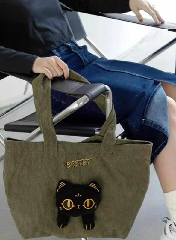 Bolso de mano de lona con bordado de gato para mujer, bolso de viaje