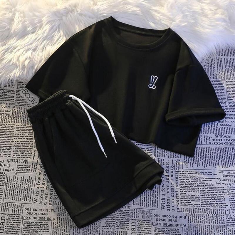 Women Tracksuit Women's Tracksuit Set Solid Color T-shirt Shorts Suit with Elastic Waist Drawstring Loose Fit for Outfit Women