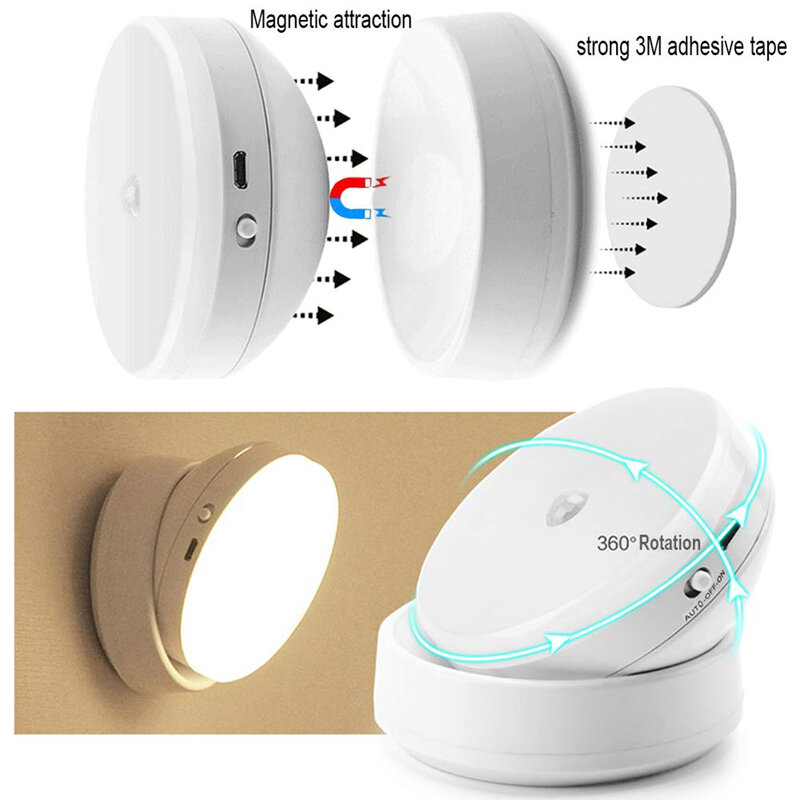 PIR Sensor de Movimento LED Night Light, USB Recarregável, Lâmpada para Cozinha, Armário, Guarda-roupa, Escada, Lâmpadas sem fio