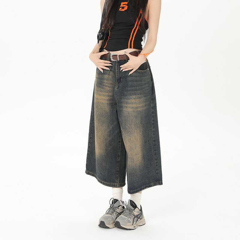 QWEEK Y2k Vintage Baggy Jorts donna estate gamba larga Jeans al ginocchio coreano Streetwear Casual Oversize pantaloncini di Jeans lavati