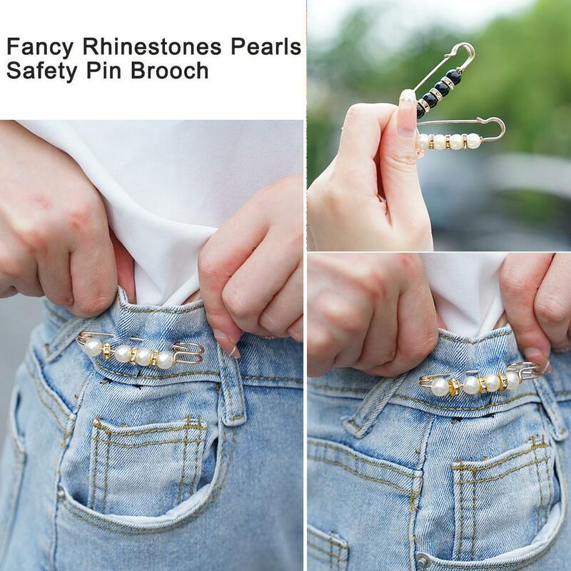 Broche de cristal pérola para fêmea, calças antipolimento, cintura exposta simples, broche apertado, caneta de alimentação de joias brancas, 2 peças