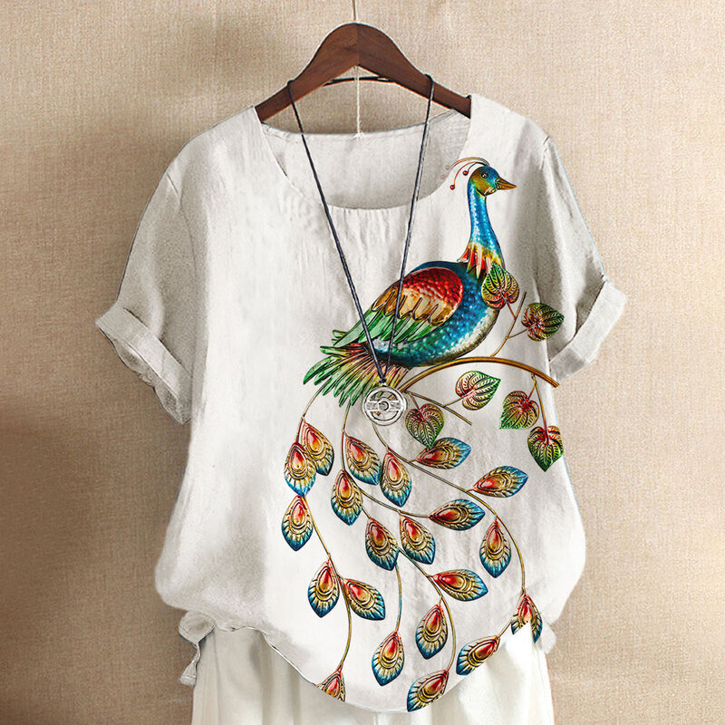 T-shirt manches courtes col rond femme, estival et décontracté, à la mode, imprimé paon 3D, blanc, grande taille