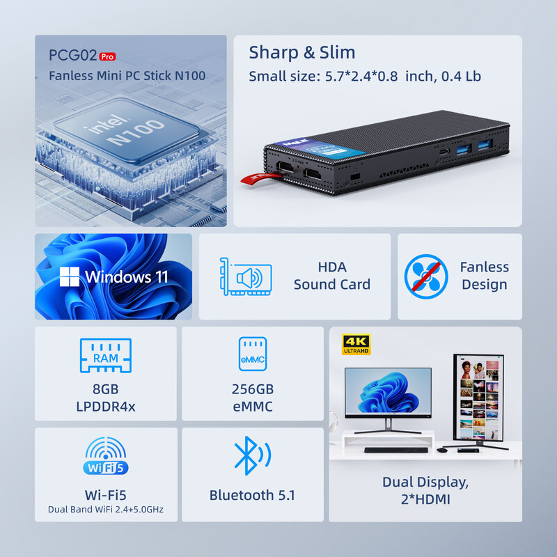 MeLE-Mini computador slim fanless, Windows 11, N100, J4125, N5105, 128GB, 256GB, USB, PD3.0, Micro Desktop, HDMI duplo, 4K, PCG02 Pro