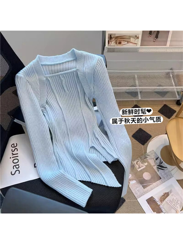 Women Blue Pullover Knitted Sweater Fashion Long Sleeve Square Collar Knit Sweater Korean Jumper Y2k Vintage Clothes Autumn 2023