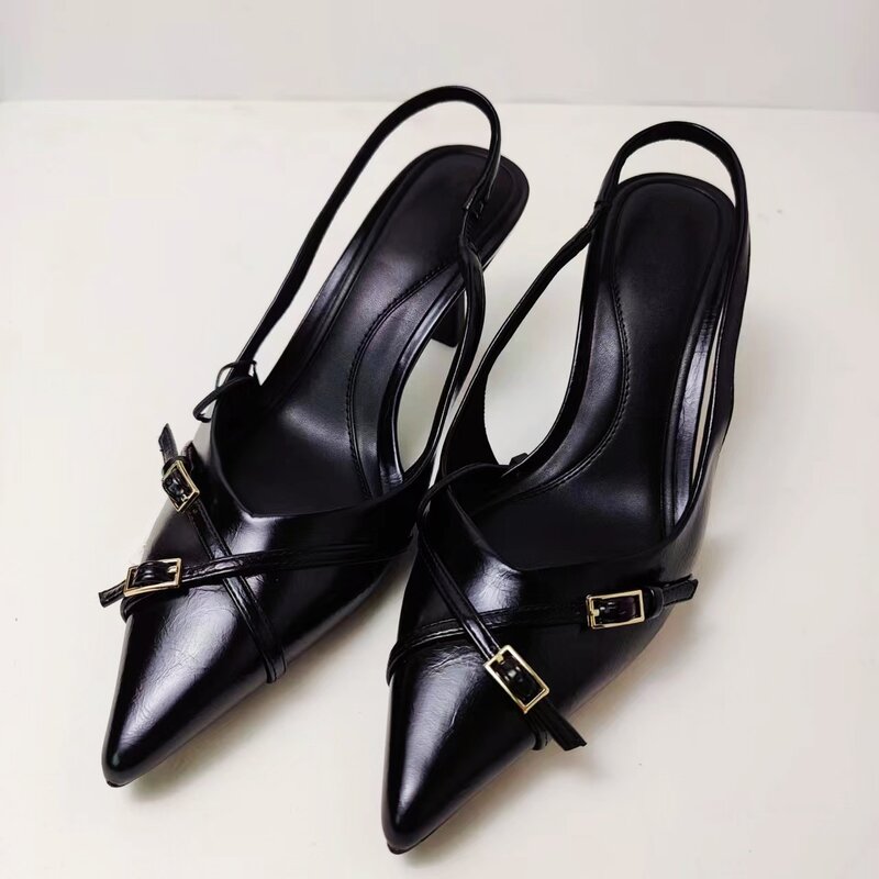 New Women's Shoes With Black Buckles, High Heels, Crossed Belt Buckles and Shallow Sandals.