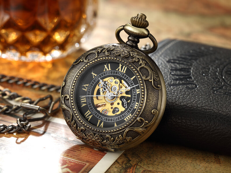 Jam tangan mekanis antik, arloji saku Dial Steampunk perunggu berongga, kalung saku & arloji Fob rantai Pria Wanita 2024