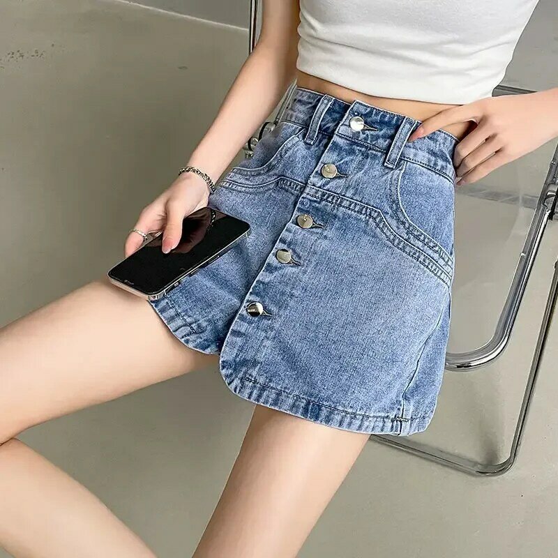 Calção jeans feminina de duas peças falsas, Jean Culottes, cintura alta, coringa fino, linha A, perna larga, calça curta feminina, novo estilo, verão