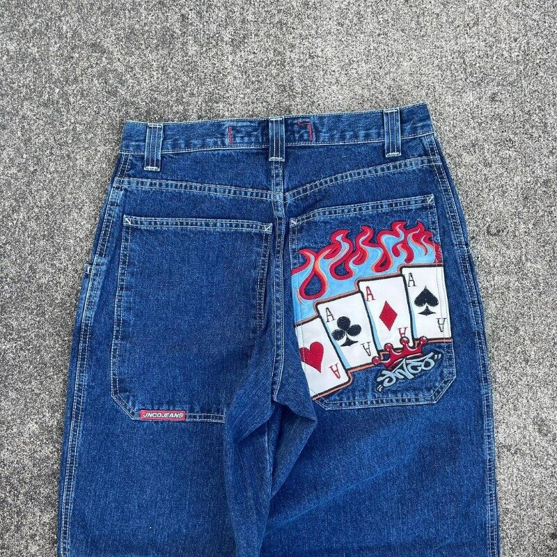 Europejskie i amerykańskie dżinsy z nadrukiem pokerowym Mężczyźni Y2k Fashion Washed Oversized Spodnie z szerokimi nogawkami Retro Proste spodnie damskie