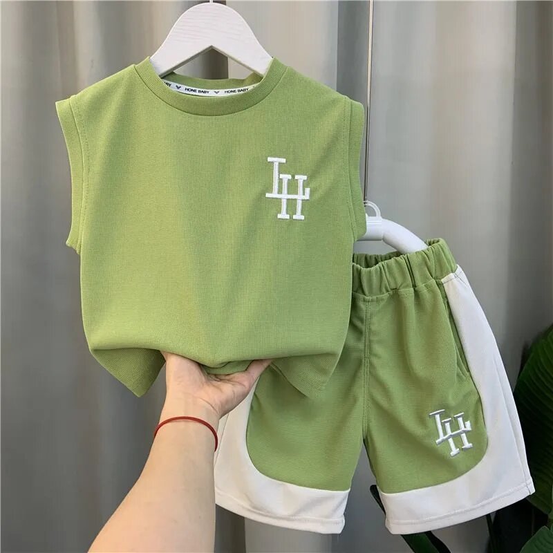 Children's Summer Boys' Tank Top Set 2023 New Baby Sleeveless Clothes Children's Cool and Handsome Two Piece Set