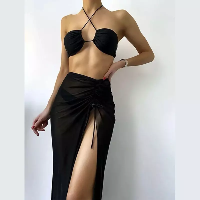 Vertuschungen 3 Stück Bade bekleidung Vertuschungen schwarz sexy BH Badeanzug Mesh langes Kleid Bikini Set Sommer Set Outfit Frau dreiteilige Bikinis