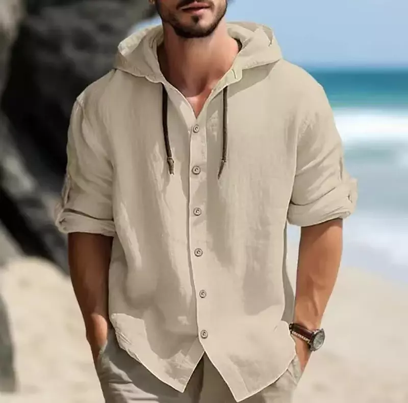 Moletom de manga comprida monocromática masculina, camisa solta com capuz, cardigã, tops de botões, streetwear casual, roupas de verão