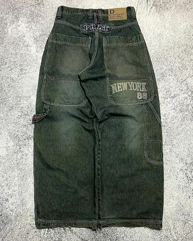 American High Street Retro Straight Wide Leg Pants for Men, Y2K Letter Print Respzed Jeans, Gothic Punk Casual fjWomen