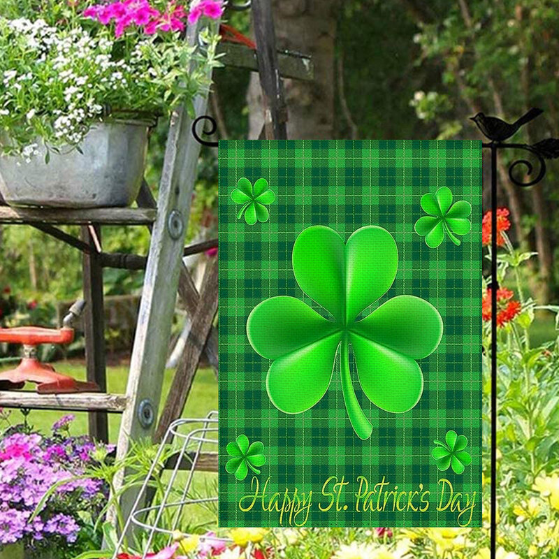 1 szt. Cztery liść koniczyny zielony wzór bawełna lniana flaga do ogrodu Banner kryty dekoracje wiszące ogrodowy do domu