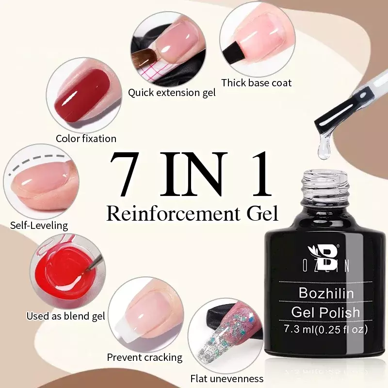 Bozlin 7 In 1 Versterkingsgel Transparante Nagel Prep Semi-Permanente Extensionsoak Van Uv Led Nail Art Lak Functie Gel