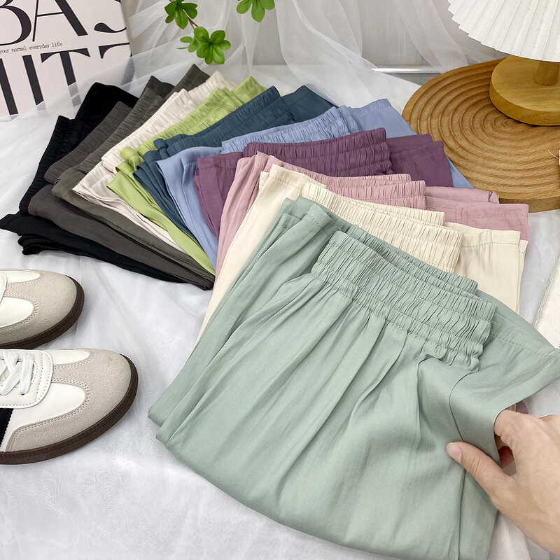 Celana kaki lebar tipis musim panas wanita, celana kasual warna Solid pinggang tinggi keren lurus longgar