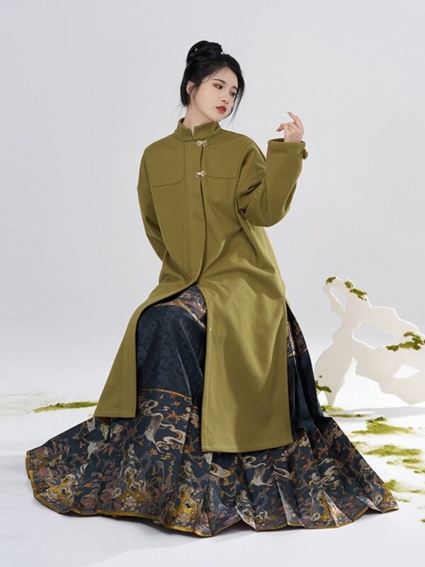 Ming Han Clothing-falda de cara de caballo dorada tejida con flores de maquillaje de imitación, abrigo de elementos Han mejorados a juego para mujer