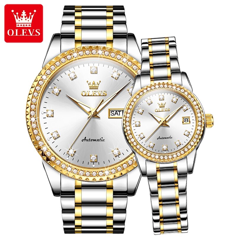 OLEVS New Couple Mechanical Watch for Men Women Fashion Stainless Steel Waterproof Week Date Luxury Diamond Automatic Wristwatch
