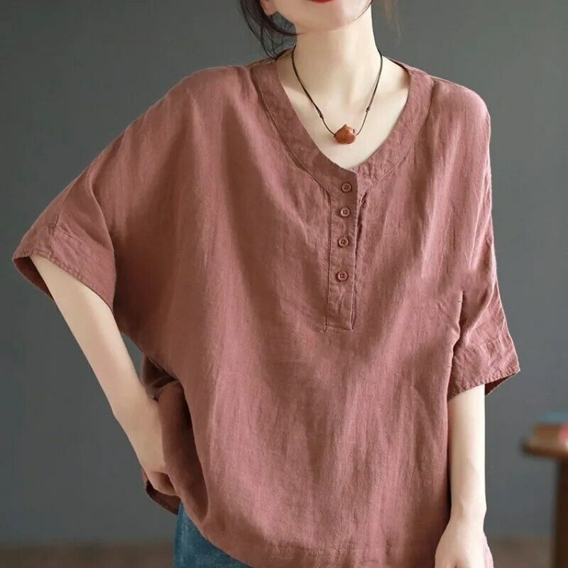 Women's 2024 Summer New Patchwork V-neck Vintage Button Solid Color Loose and Elegant Batwing Sleeve Short Sleeve T-shirt Shirts