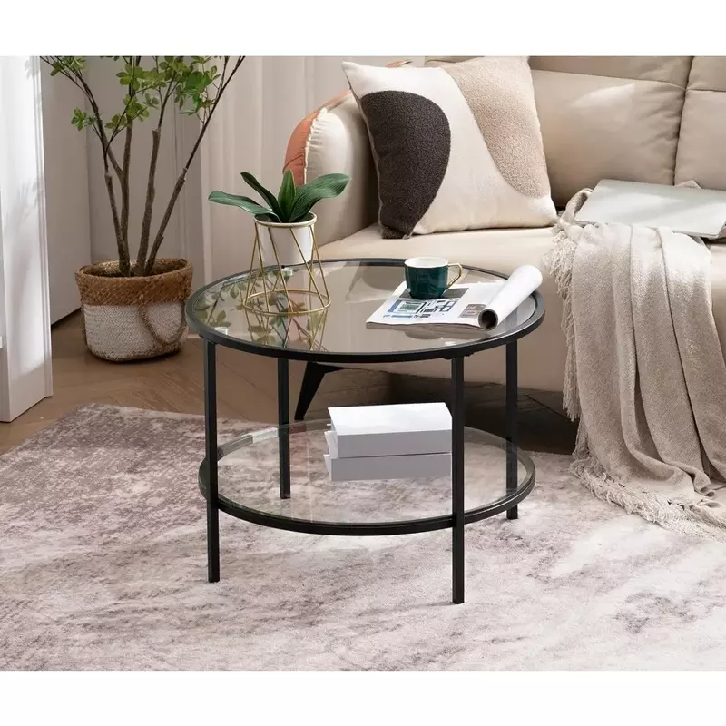 Mesas redondas negras de 25,6 pulgadas para sala de estar, mesa de centro con tapa de cristal de 2 niveles, con almacenamiento, Café transparente, centro moderno, Café Cofee