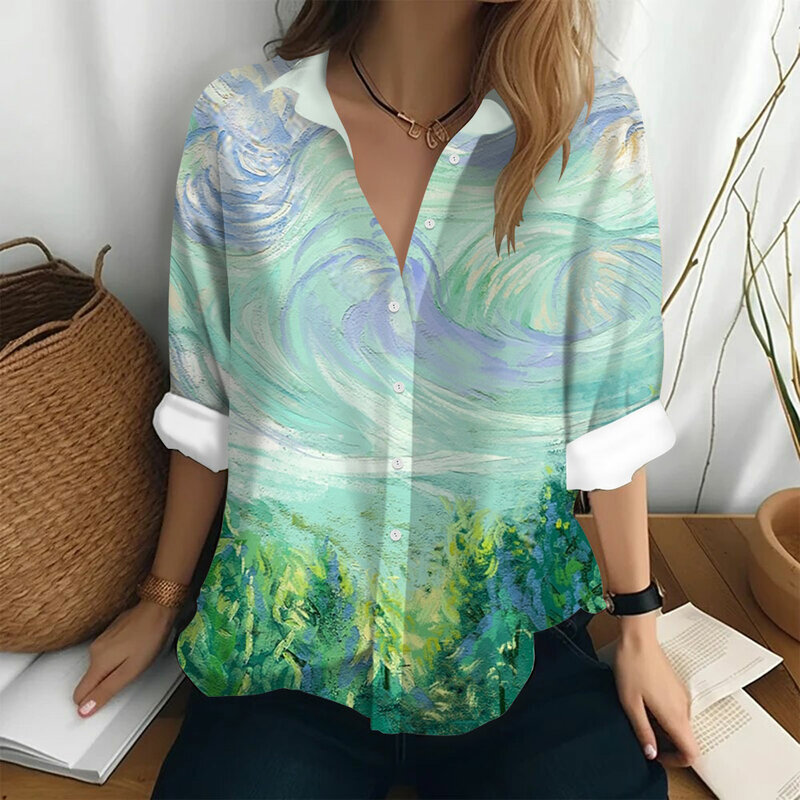 Camicia e camicette da donna camicia con bottoni stampati moda 3D camicia da donna stampata ad acquerello estate Casual stile sciolto Top da donna