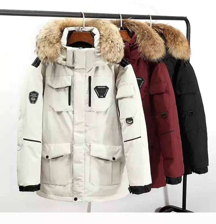 Зимняя мужская пуховая куртка, 90% Пух белой утки, парка, пальто, средней длины, с меховым воротником, до-30 градусов, утепленная мужская зимняя куртка