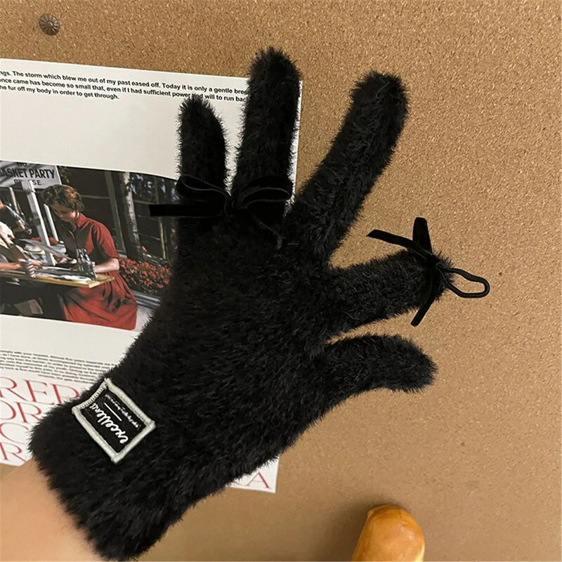 Guantes gruesos de invierno para mujer, guantes táctiles de dedo completo, guantes de pajarita Lolita, accesorios de mitones, guantes de felpa a prueba de frío, 1 par