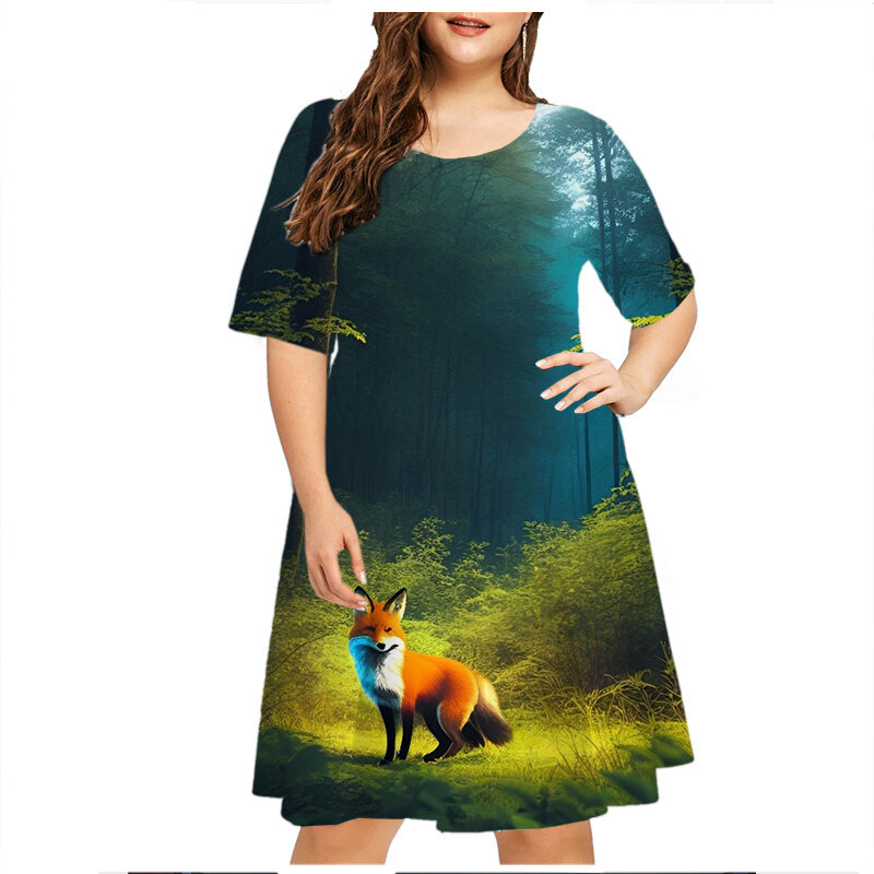 Vestido corto holgado con estampado 3D para mujer, minivestido informal de manga corta con estampado de zorro y pintura de animales, talla grande, 2023