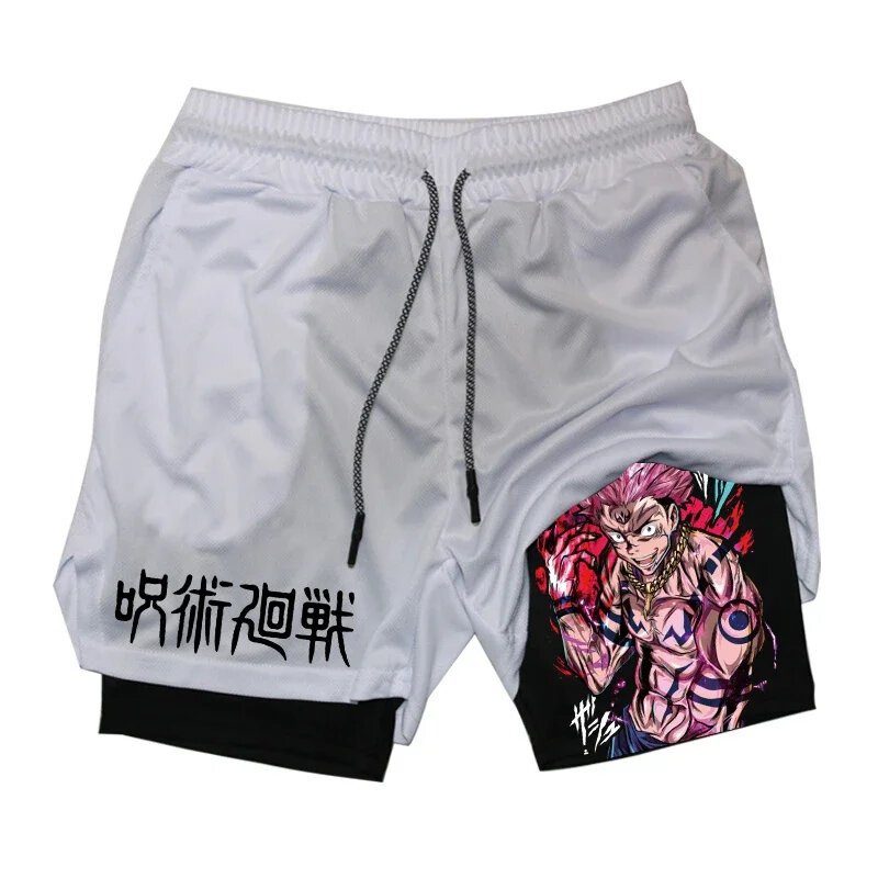 Itadori Yuji 2 in 1 Compression Shorts for Men Anime Jujutsu Kaisen Performance Shorts Basketball Sports Gym Shorts with Pockets