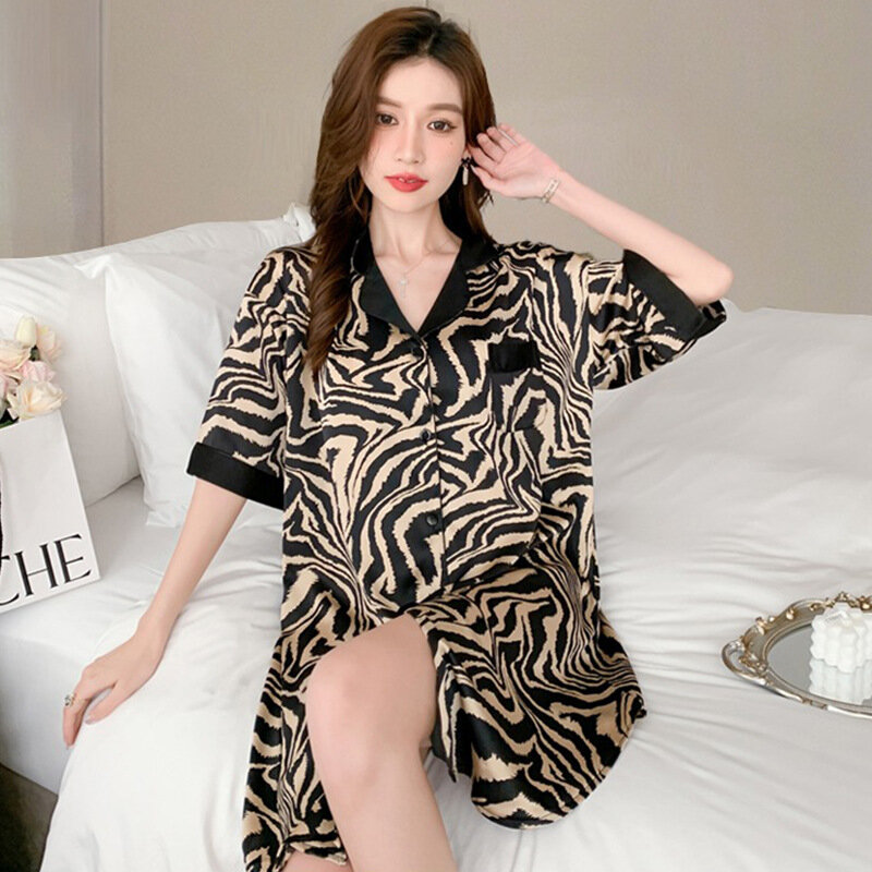 Women Nightgowns Satin Silk Zebra Striped Print Sleepwear Buttons Nightwear Dress Sexy Lingerie Gown Robe Homedress Nightdress