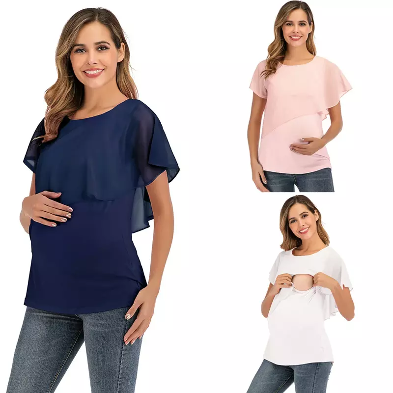 Kaus menyusui wanita hamil musim panas baru Atasan bungkus wanita tanpa lengan blus lapisan ganda kaus pakaian hamil