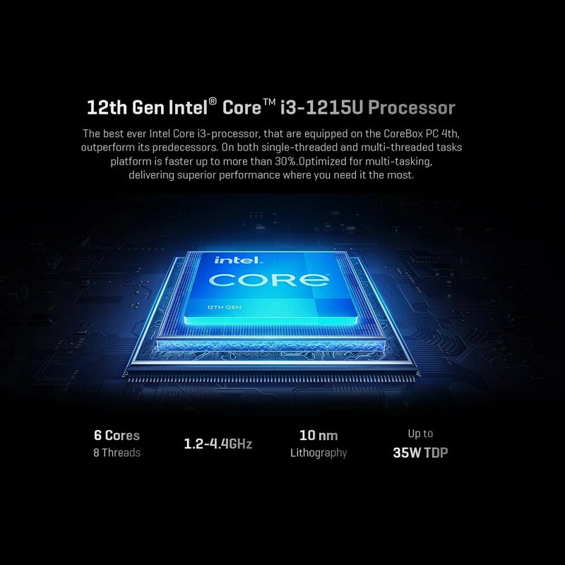 CHUWI CoreBox 4ème Intel Core I3-1215U Intel UHD foucorporelle 8K Décodage 16 Go LPDDR5 512 Go SSD WIFI 6 Windows 11 Ordinateur PC de jeu