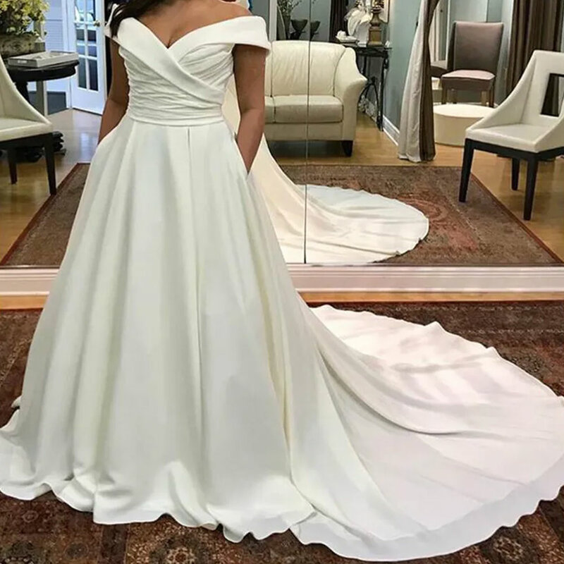 White A-line Satin Wedding Dresses for Women Sweetheart Collar Off Shoulder Marriage Occasion Formal Dress Open Back Bride Gown