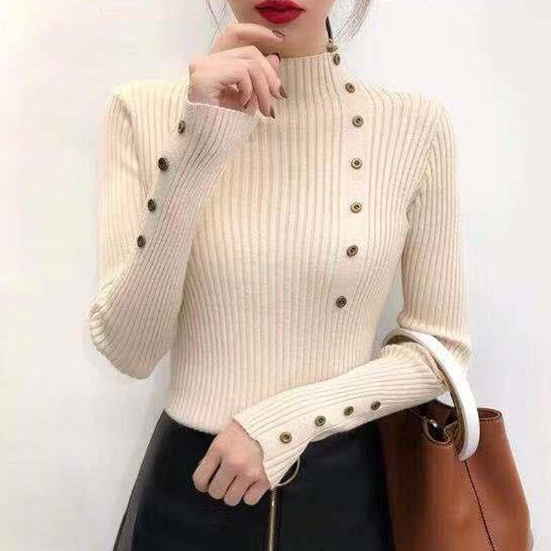 2023 gestrickte Pullover Frauen Roll kragen pullover Herbst Mode Knöpfe Frauen solide weiche warme Pullover elegante Strickwaren Tops