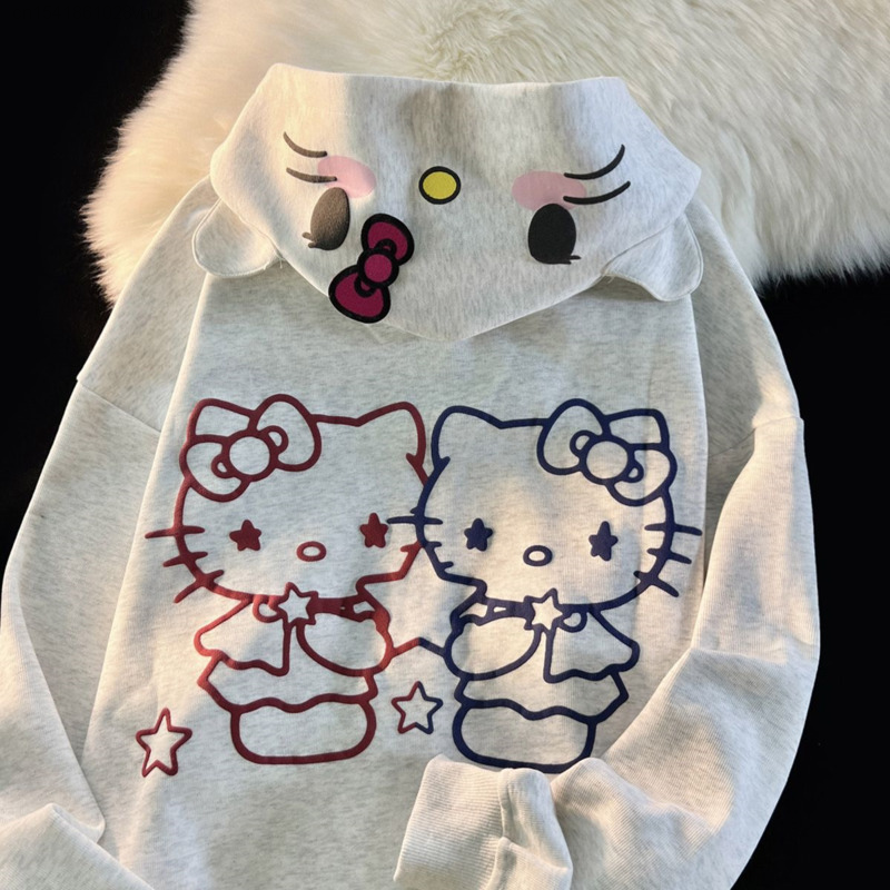 Sanrio Hello Kitty เสื้อคาร์ดิแกนมีฮู้ด, เสื้อสเวตเตอร์มีฮู้ดโอเวอร์ไซส์ทรงหลวมสำหรับผู้หญิง Yk2เสื้อสเวตเตอร์มีสไตล์สไตล์ญี่ปุ่นน่ารักมีโลลิต้า
