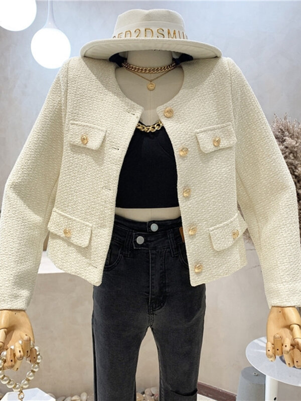 Jesienno-zimowa mała pachnąca tweedowa kurtka płaszcz kobiety w stylu Vintage wełniane krótkie płaszcze Streetwear elegancka dorywczo wąska bluza krótki Top