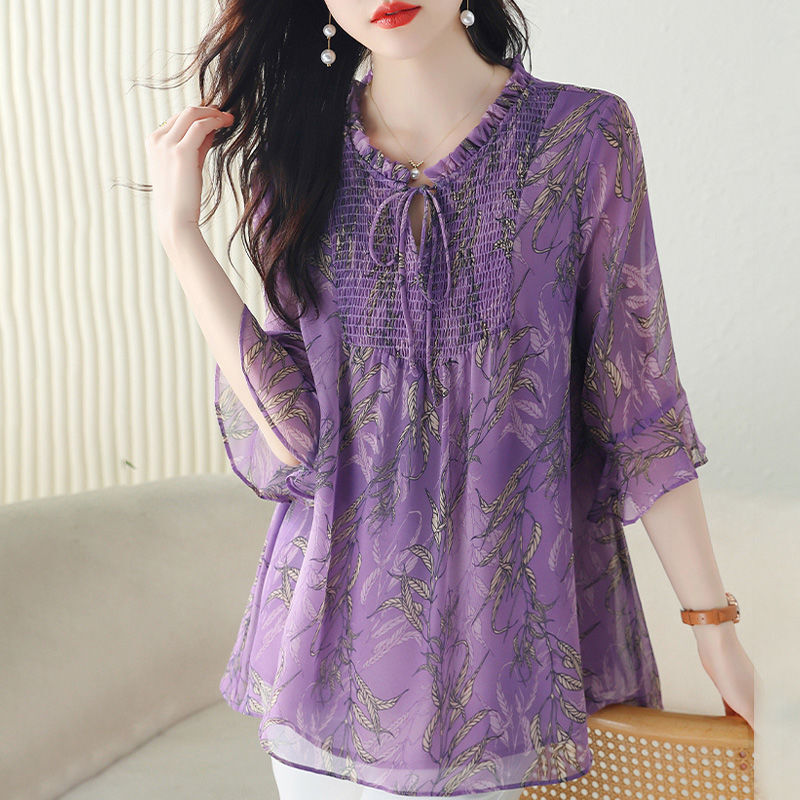 Temperament Print Summer Round Neck Wooden Ear Fold Lace Up Women's Fashion Versatile Middle Sleeve Loose Chiffon Pullover Tops