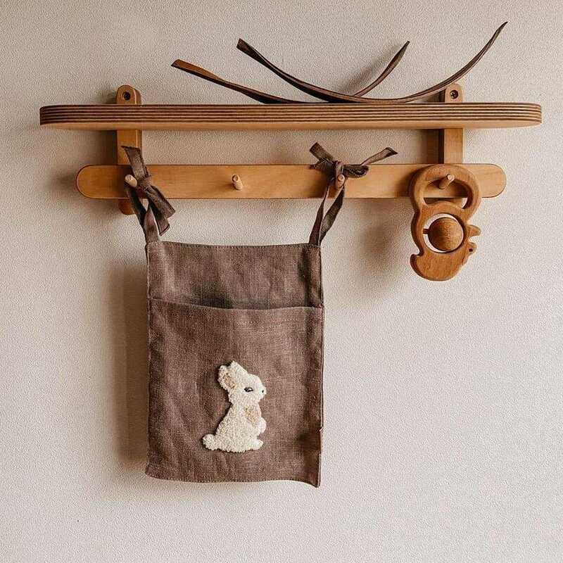 Bedside Storage Bag Embroidery Rabbit linen Baby Crib Organizer Hanging Bag for Baby Essentials Bed Hanging Diaper Toy Tissue