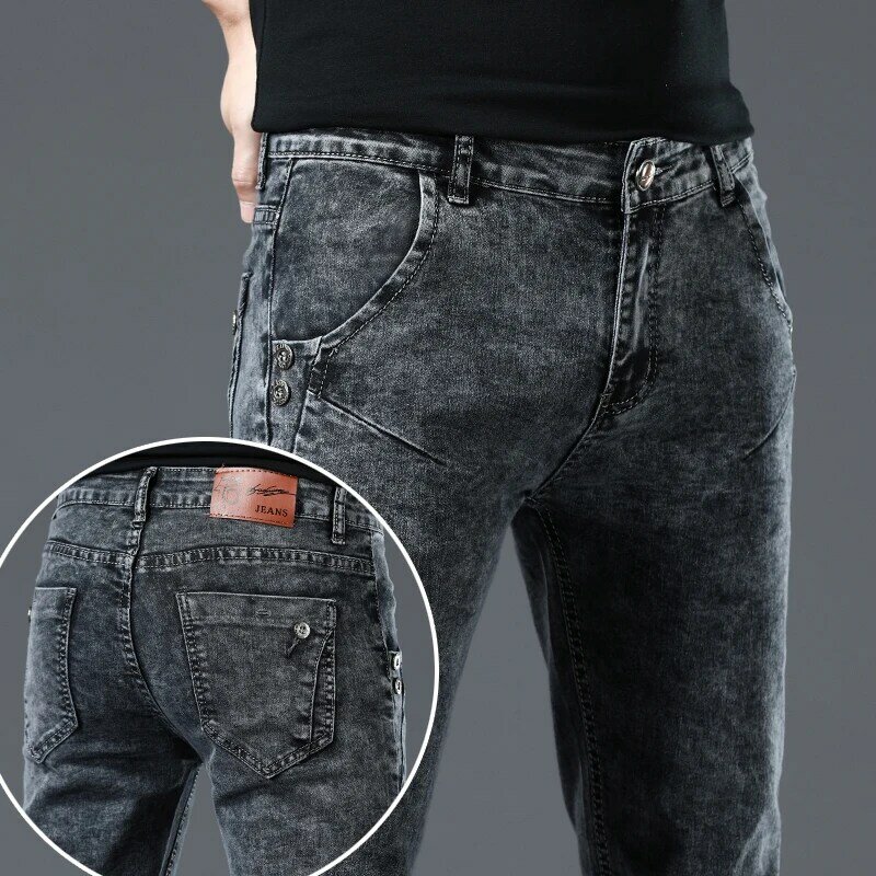 Empat musim celana Jeans Denim pria desain hitam celana pria katun ketat melar celana panjang Dropship harian gaya klasik remaja