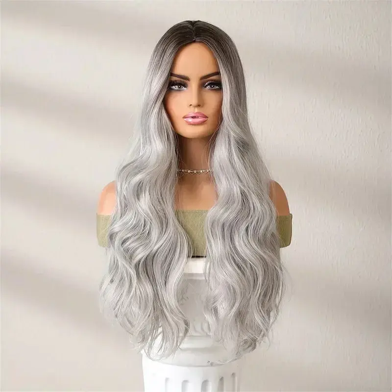 Synthetic Wavy Wig with Bangs for Black and White Women, Ombre Platinum Wigs, Brown Root