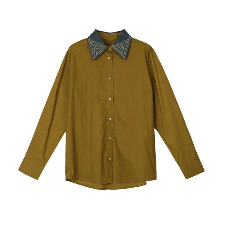 Camisa manga comprida casual simples, gola bordada, cor sólida, single-breasted
