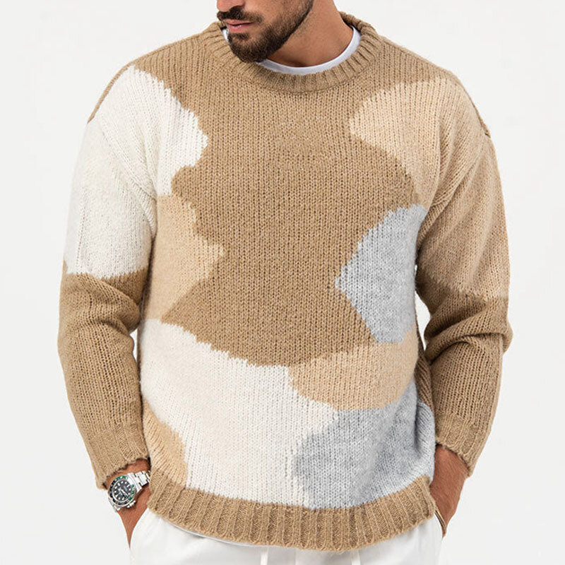 Suéter de ganchillo de manga larga con cuello redondo para hombre, Tops de punto casuales sueltos, suéteres de ocio de otoño e invierno, Color de contraste de moda