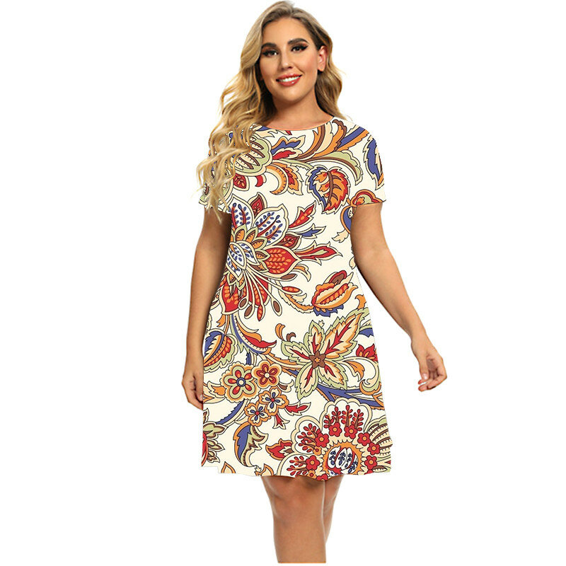 Летние богемные платья в стиле ретро для женщин 2023 винтажное большое платье с цветочным принтом и коротким рукавом свободное Повседневное платье с круглым вырезом Женская одежда