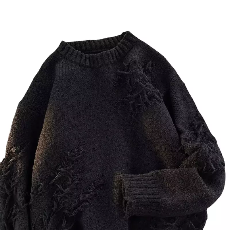 2023 New Autumn Streetwear Fashion Sweater Men Black Retro Hole Fringed Sweater for Women Winter Solid Loose Versatile Sweater