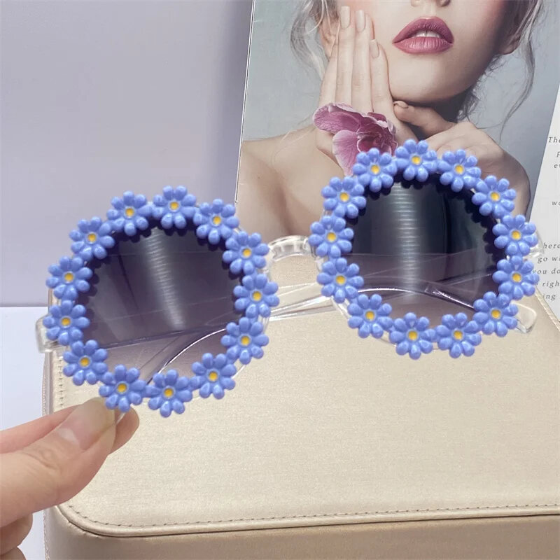 Óculos de sol floridos com moldura redonda para mulheres, óculos de sol para adultos e crianças, tons discoteca, festa festival, moda, 2024