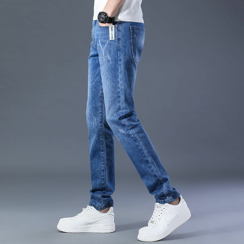 Новинка 2024, Повседневная Роскошная Одежда в Корейском стиле, узкие мужские джинсы на весну и осень, джинсовые брюки, синие Стрейчевые ковбойские узкие джинсы, брюки