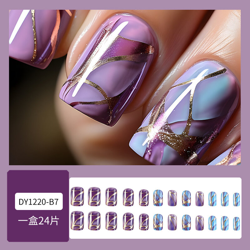 24pcs/box Mid-Length Ballerina False Nails Blue Purple French Fake Nails Full Cover Press on Nails Full Cover Nail Tips ﻿