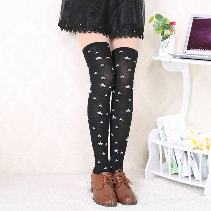 E15E Japanese Preppy Women Girl Over Knee Long Socks Polka Dot Star Print Stret