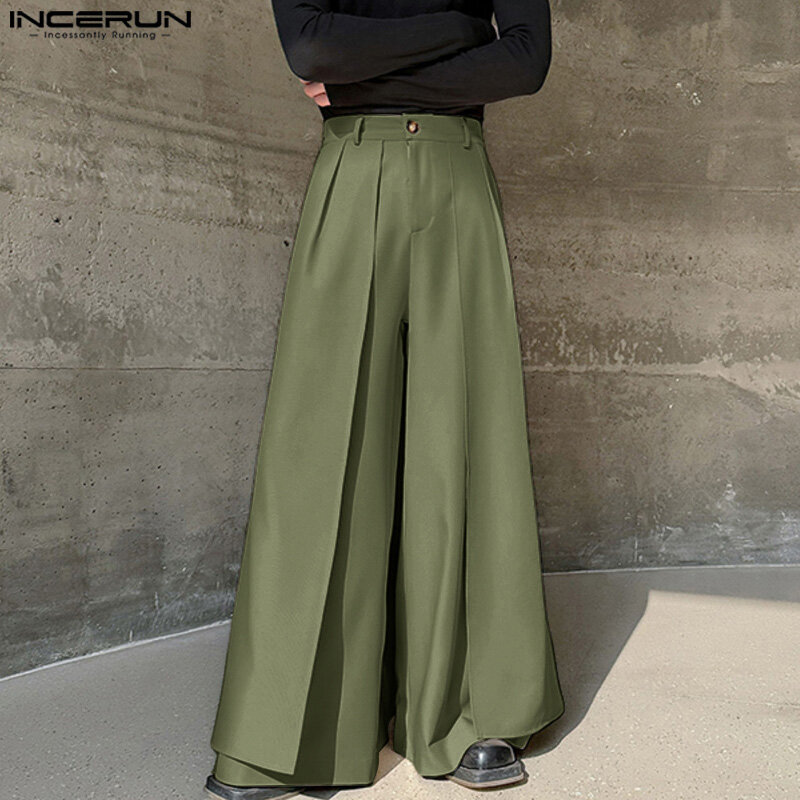 Męskie spodnie z szerokimi nogawkami jednokolorowe spodnie do biegania z guzikami luźne dorywczo nieregularne spodnie męskie Streetwear 2024 modne długie spodnie INCERUN